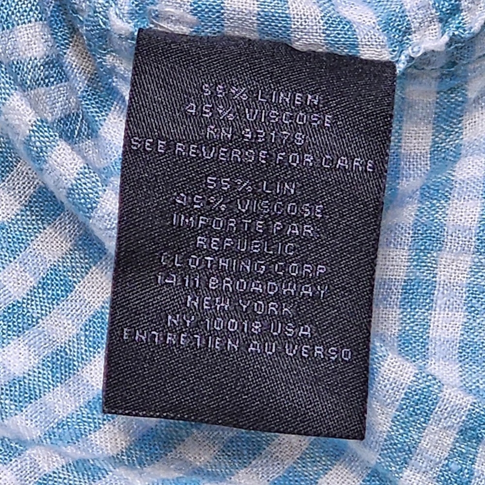 Magaschoni Mens L Blue Check Button Up Long Sleeve Shirt Linen Blend Roll Sleeve - Picture 5 of 7